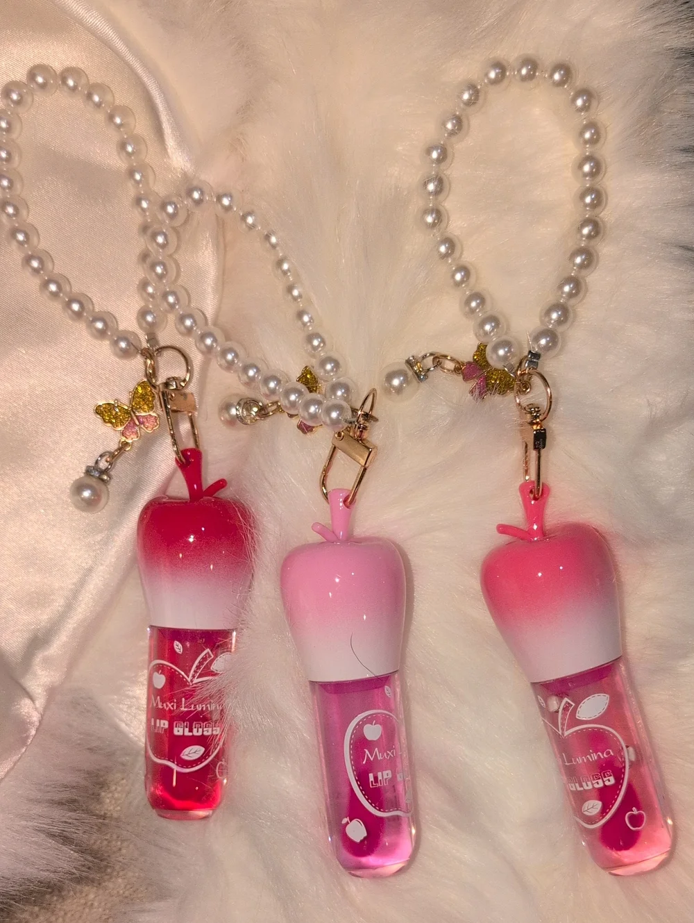 Clear Or Light Pink Tinyed Lip Gloss With Pearl Beaded Wristlet - Bundle Of 3